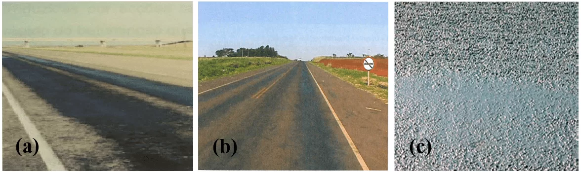 Figura 3- Ilustração da exsudação na parte lateral (a) e central (b) da rodovia, e detalhes (c). Fontes: Bernucci, 2006, p. 420; Pinto, 2003, p. 52; Silva, 2008, p. 33.