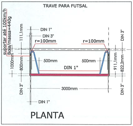 Figura 1 - Dimensões oficiais da trave e localização dos componentes - Planta. Fonte: Projeto do Autor