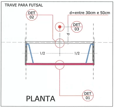 Figura 6 - Localização dos detalhes de ancoragem na trave, para fixação aérea ou no piso. Fonte: Projeto do Autor