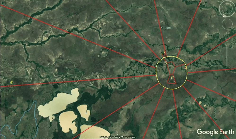 Figura 1:  Alinhamento principal, Yacuna – Beni, Bolívia. Imagem satelital - Google Earth