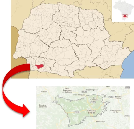 Figura 10 – Localização de Francisco Beltrão no estado do Paraná. Fonte: Prefeitura de Francisco Beltrão, 2017; Google Maps, 2017. (Imagem alterada pela autora do projeto no programa Corel Draw)