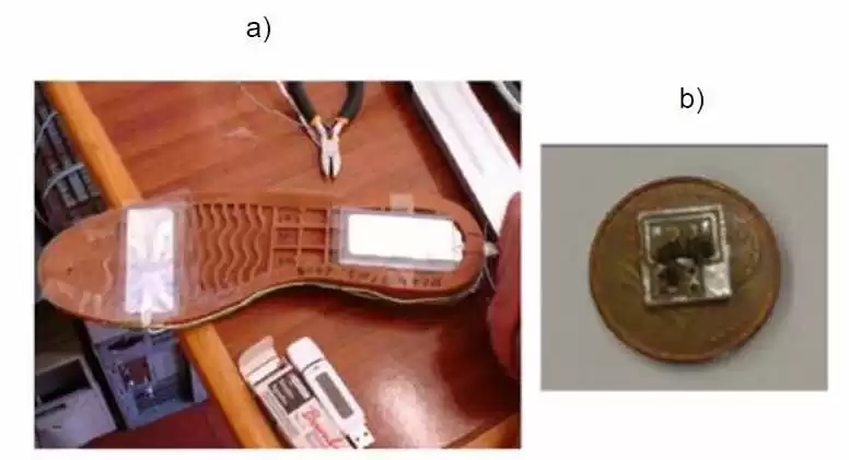 Figura 10 - Captação de energia impacto do sapato (a,b). Fonte: Gerador proposto: a) dois filmes do polímero acima do solado; b) Circuito implementado para o protótipo final (ROCHA et al. 2010)