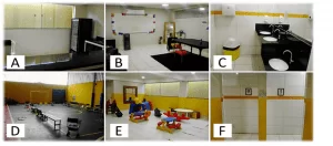 Diferentes ambientes da escola Centro de Estudos Mosaico LTDA, cantina (A), sala dos professores (B), ambiente para higienização das mãos (C), quadra esportiva (D), área recreativa (E), banheiro