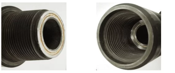 Tubos de perfuração Wired drill pipes, com contatos elétricos na rosca (esquerda) e encaixe (direita).