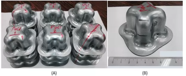 Resultados testes práticos onde (A) todas as 18 peças conformadas e (B) visualização de uma peça