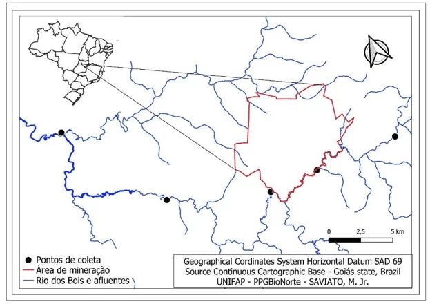 localização dos pontos de coleta dentro da calha principal do Rio dos Bois, Alto Horizonte, Goiás, Brasil