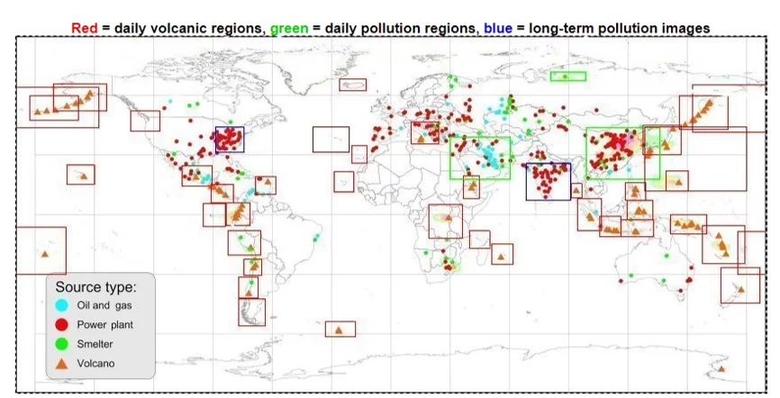 Global Sulfur Dioxide Sources, Oil & Gas (blue circle), Power Plants (red circle), Smelter (Green Circle) and Volcano eruption (Orange Triangle), data from satellite.