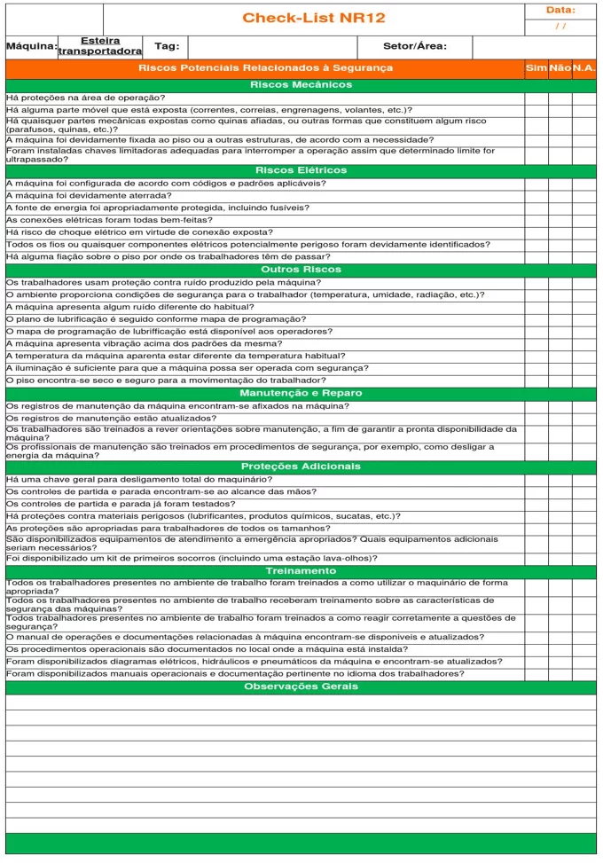 Checklist da esteira transportadora