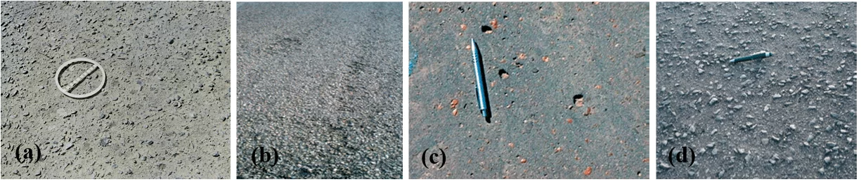 Degradação da camada por desgaste (a), desagregação de agregado (b), delocamento e perda de agregado (c) e polimento de agregado (d). Fonte: Bernucci, 2006, p. 11; Bernucci, 2006, p. 421; Bernucci, 2006, p. 421, Brasil, 2003, p. 421.