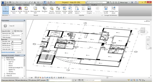 Figura 03 - Configuração da Planta DWG na Vista 3D no Software Revit. Fonte: Autores (2015)