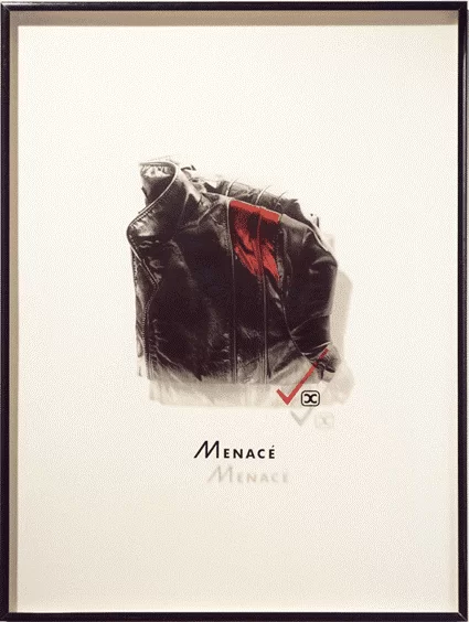 Figure 11 - Detail, Menace, 1 of 6 panels. Laminated photopositive, silkscreen, acrylic on Plexiglas, 30 panels total, 36 x 48 x 2 inches. [http://www.marykellyartist.com/interim.html]