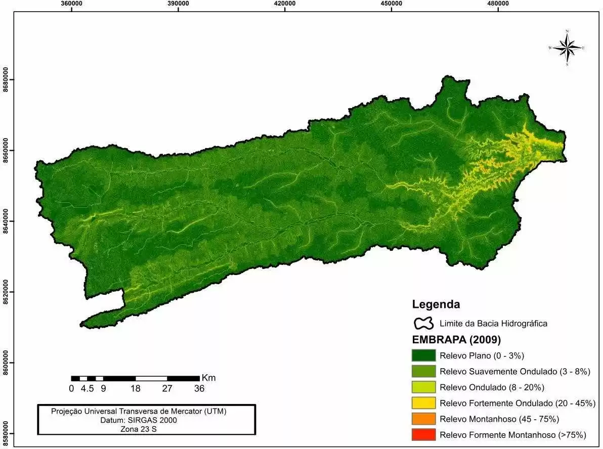 Figura 4: Espacialização da declividade na bacia hidrográfica do rio de Ondas.