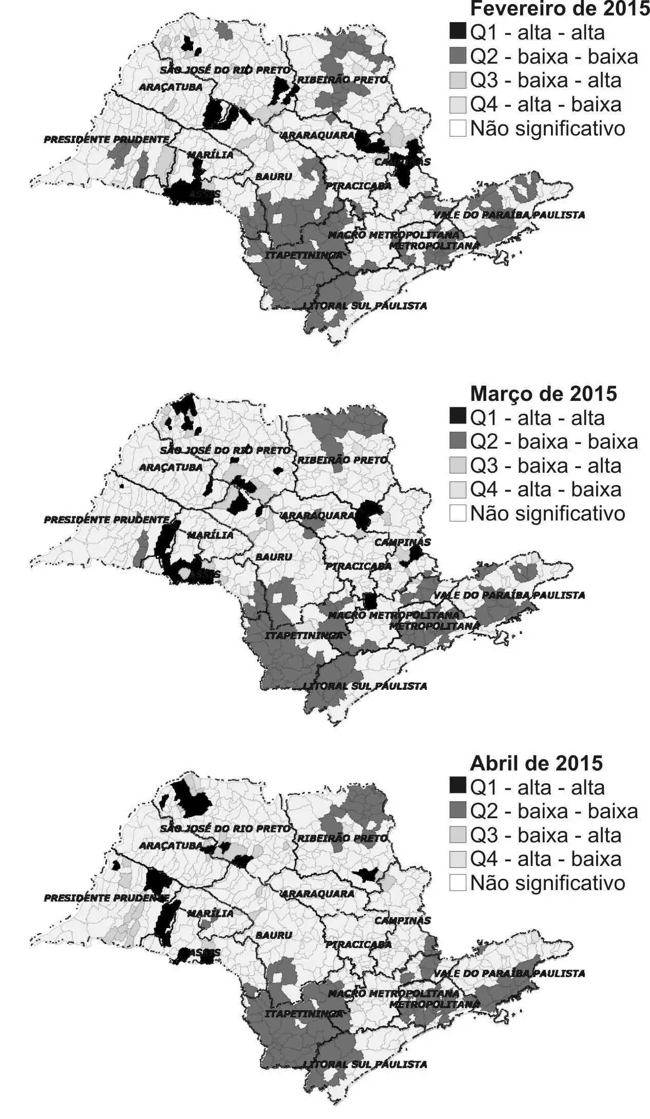 Figure 3-spatial distribution of groups (clusters) of Confirmation of Dengue for 100,000 inhabitants from Local indicators of Spatial Association (LISA) statistically significant (Moran Map) between the months of February and April 2015.