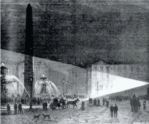 Abbildung 5 – erste elektrische Straßenbeleuchtung Erfahrung am Place De La Concorde, Paris. Quelle: https://books.google.com.br/books/about/Hist%C3%B3rias_da_Luz_e_das_Cores_volume_2.html?id=-YZL2h1jn8cC&redir_esc=yhtml (2007)