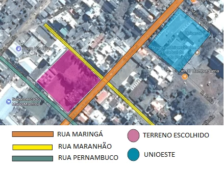 Figura 11 – Mapa de localização do terreno. Fonte: Google Maps, 2017. (Imagem alterada pela autora do projeto no programa Corel Draw)