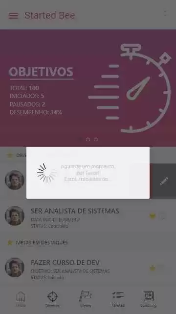 Figura 23: Tela de alert e loading para exclusão de objetivo. Fonte: elaborada pelo autor