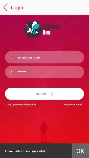 Figura 34: Tela de login com mensagem de erro de e-mail. Fonte: elaborada pelo autor