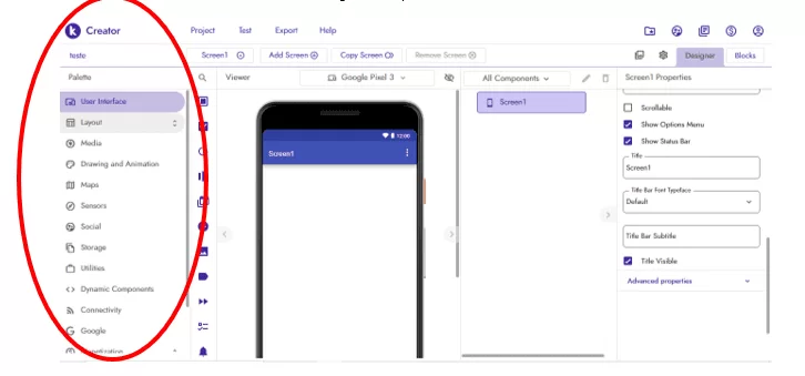 elementos da interface do aplicativo