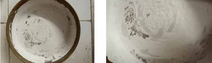 Gesso moído passante na 0,075mm, (b) detalhe do material fino, aglomerado, sem condições de peneiramento