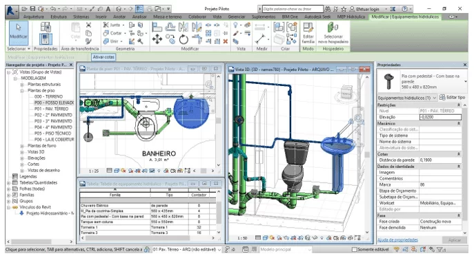 Layout Revit (2017) com representação de instalações hidros sanitárias