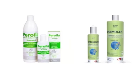 Ilustrações dos shampoos Peroíla e Dermogen.