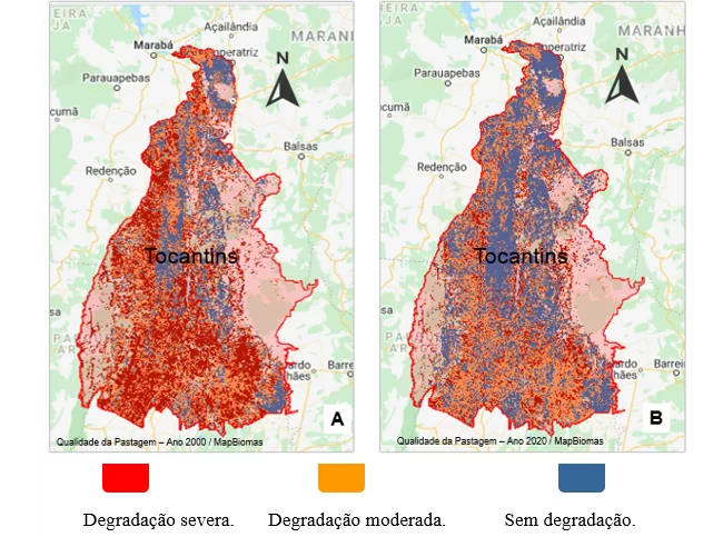 Mapa demonstrativo da qualidade das pastagens no estado do Tocantins (A) qualidade das pastagens no estado do Tocantins no ano 2000