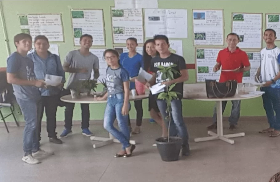 Universitários extensionistas e cartazes de plantas medicinais com seus respectivos folders em uma das versões do Projeto